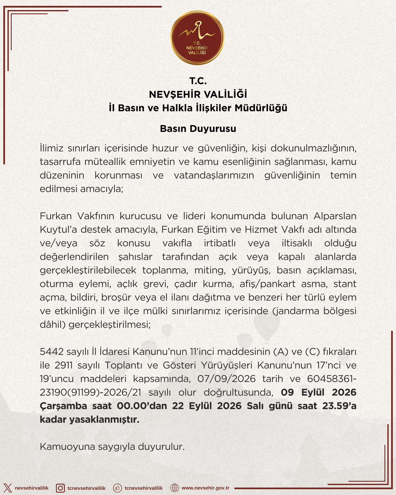 NEVŞEHİR'DE FURKAN VAKFI'NA DESTEK EYLEMLERİ 09-22 EYLÜL 2026 TARİHLERİ ARASINDA YASAKLANDI